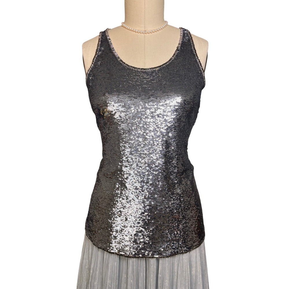 Sequin Beaded Trim Boston Proper Tank Top Size 12 Silver Bronze